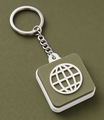 Click Tile keychain, olive green with white globe icon