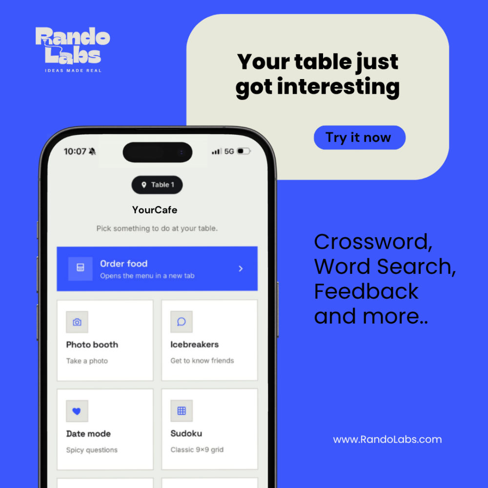 The booth's home screen on a phone, showing Order food, Photo booth, Icebreakers, Date mode, Sudoku and more