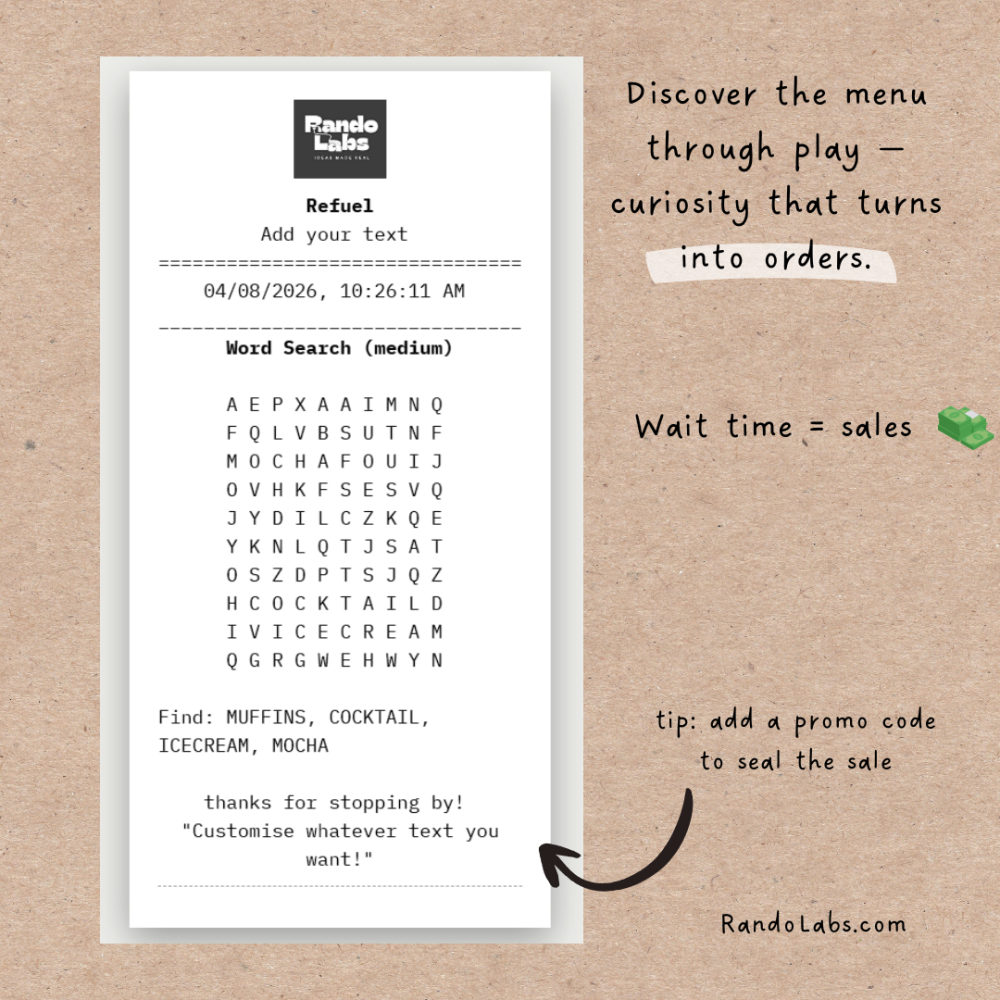 A printed word search receipt example, customized with a venue's name and menu items to find